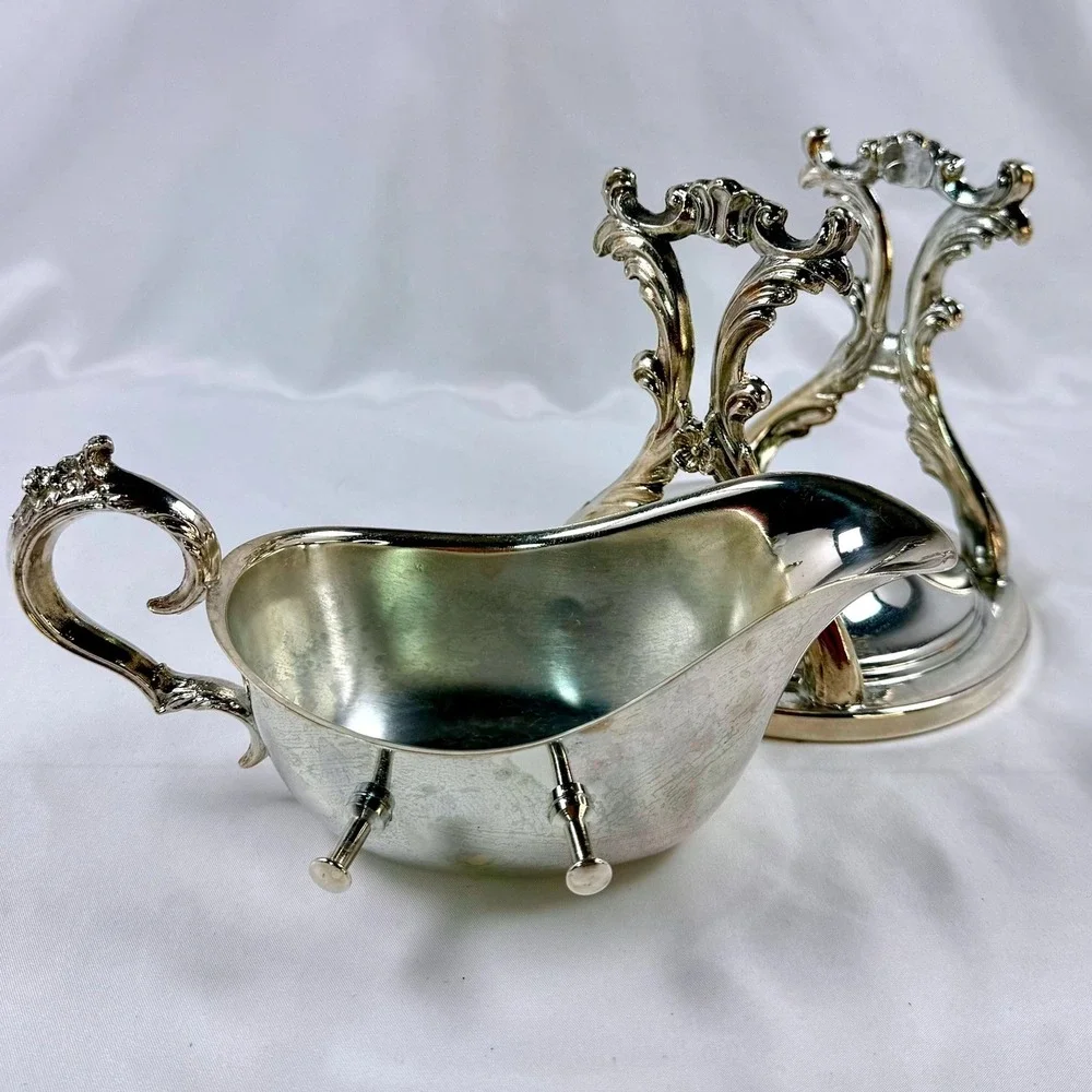 Vintage Ornate Silver Plate Tilting Gravy Boat w/ Rococo Scroll Stand Bridgerton